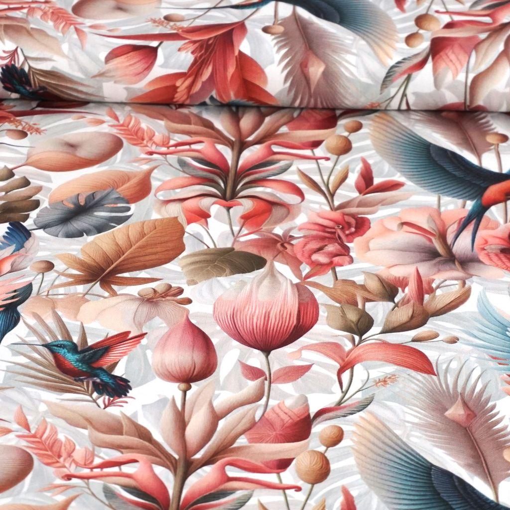 Dekostoff Halbpanama Kolibri mit Pflanzen rosa petrol